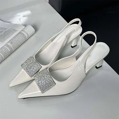 Square Button Women Thin Pointed Toe Slingback Mules Ladies Shoes Low Heel Pumps