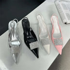 Square Button Women Thin Pointed Toe Slingback Mules Ladies Shoes Low Heel Pumps