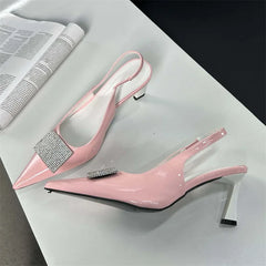 Square Button Women Thin Pointed Toe Slingback Mules Ladies Shoes Low Heel Pumps