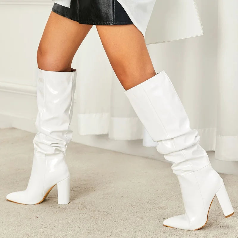 Street Designer Pointed Toe Patent Leather Chunky Heels Knee High Boots Main image