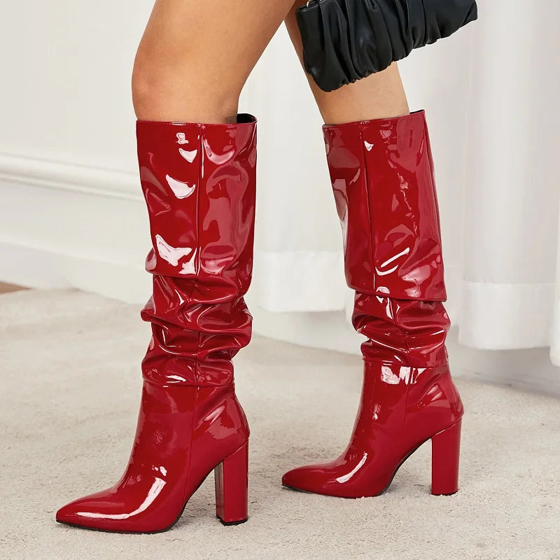 Street Designer Pointed Toe Patent Leather Chunky Heels Knee High Boots Secondary image