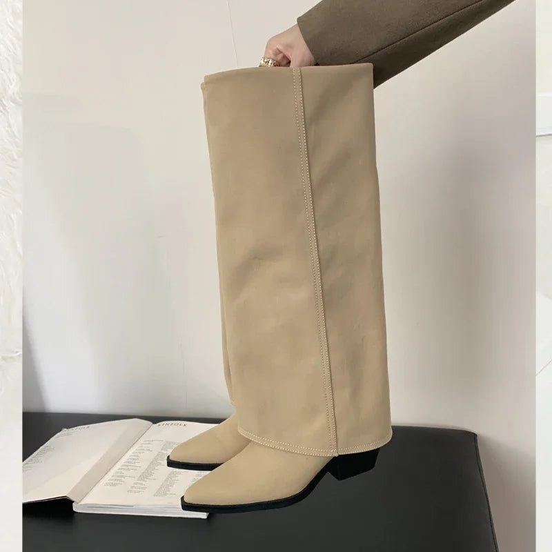 Spring Autumn Pointed Toe Designer Vintage Square Low Heels Knee High Boots Main image