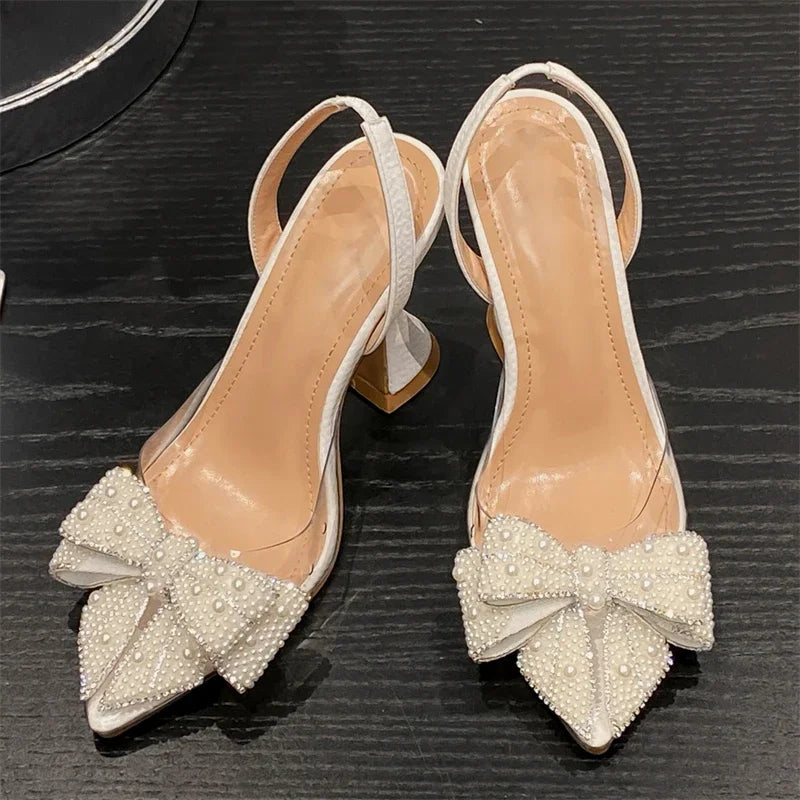 Spring Butterfly-knot PVC Transparent String Bead Women Fashion Pointed Toe Party High Mules Shoes Low Heel Pumps Secondary image
