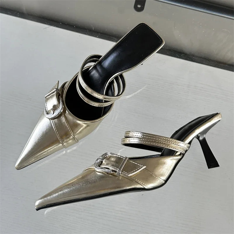 Spring Fashion Buckle Strap Design Style Thins Ladies Pointed Toe Shal Shoes Mules Sandals Low Heel Pumps Main image