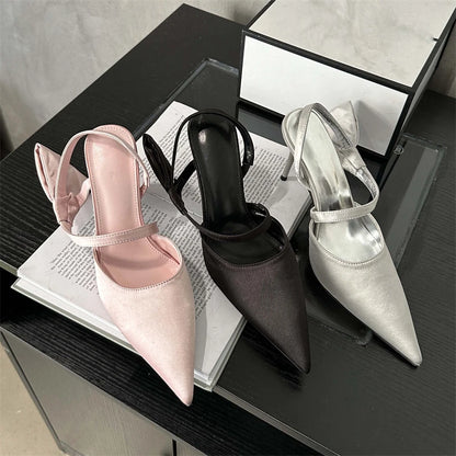 Spring Fashion Pleated Hol Women Pointed Toe Thin Elegant Party Slingbacks Mule Shoes Low Heel Pumps