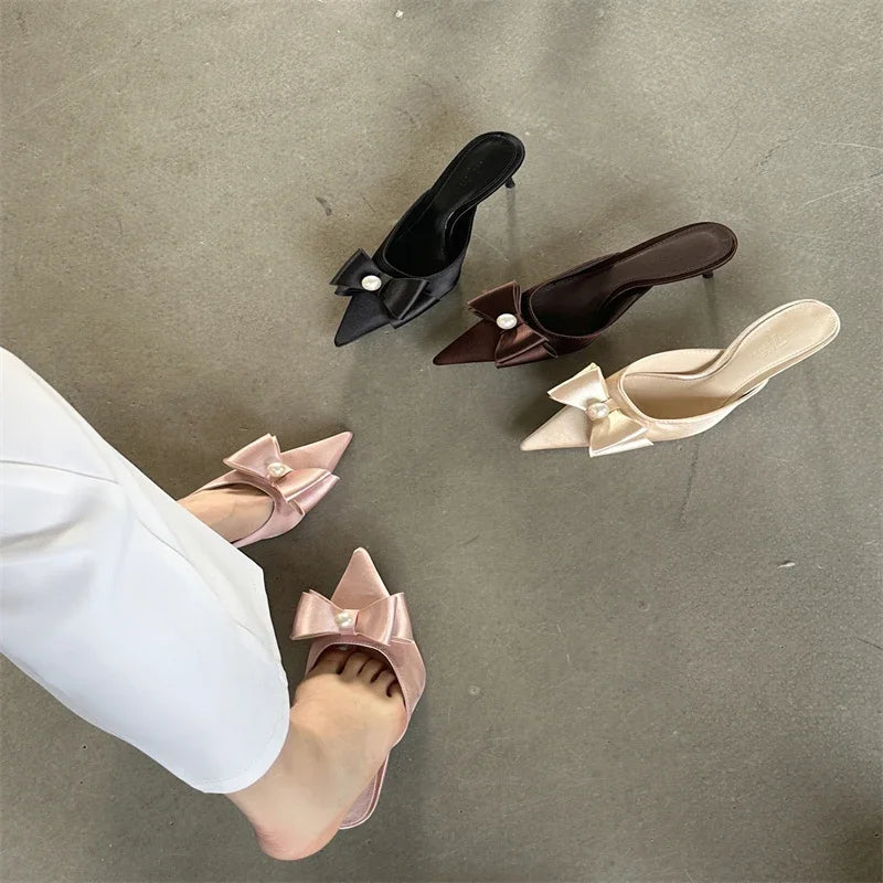 Spring Sexy Butterfly-knot Women Slipper Pointed Toe Slip On Ladies Elegant Mules Shoes Low Heel Pumps