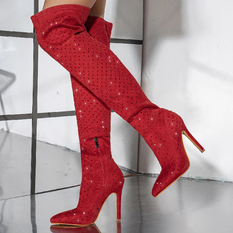 Street Style Fashion Pointed Toe Stiletto Side Zipper Crystal Heels Knee High Boots Main image