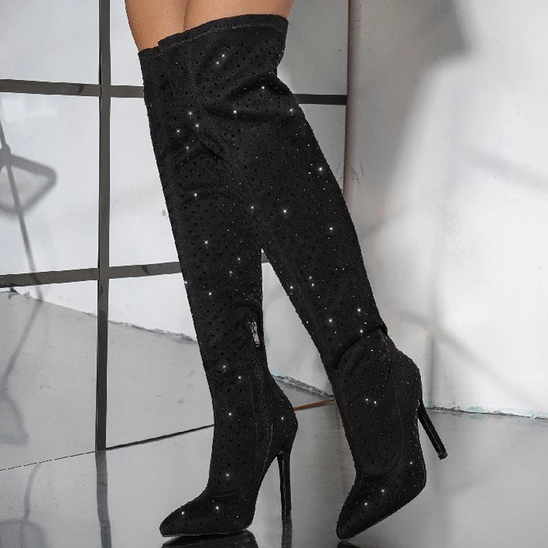 Street Style Fashion Pointed Toe Stiletto Side Zipper Crystal Heels Knee High Boots Secondary image