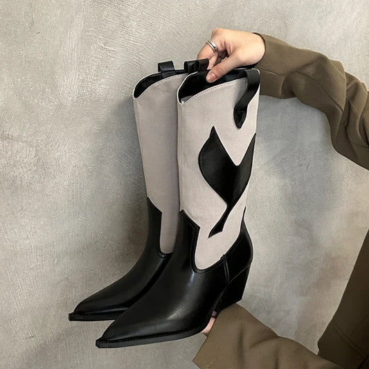 Street Style Fashion Pointed Toe Square Heels Mid-Calf Western Chelsea Knee High Boots