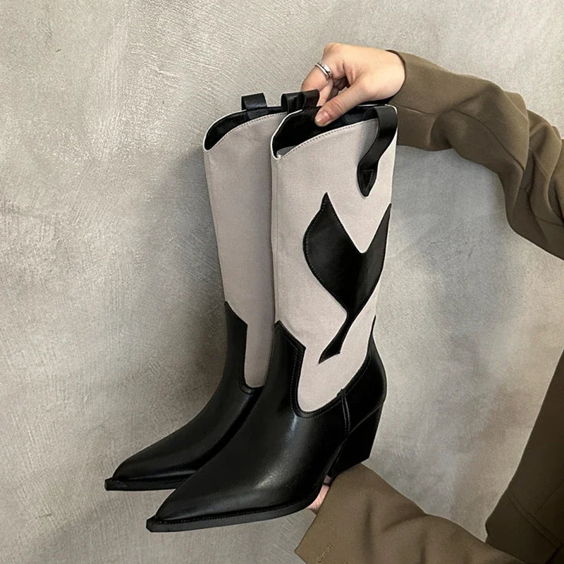 Street Style Fashion Pointed Toe Square Heels Mid-Calf Western Chelsea Knee High Boots Main image