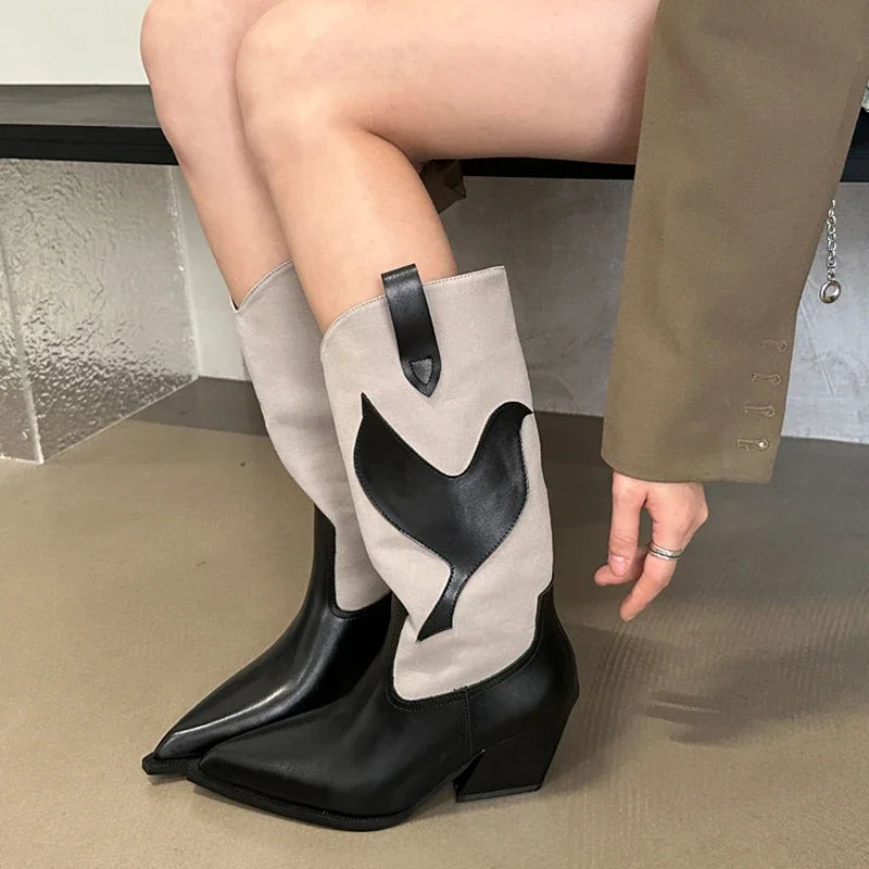 Street Style Fashion Pointed Toe Square Heels Mid-Calf Western Chelsea Knee High Boots Secondary image