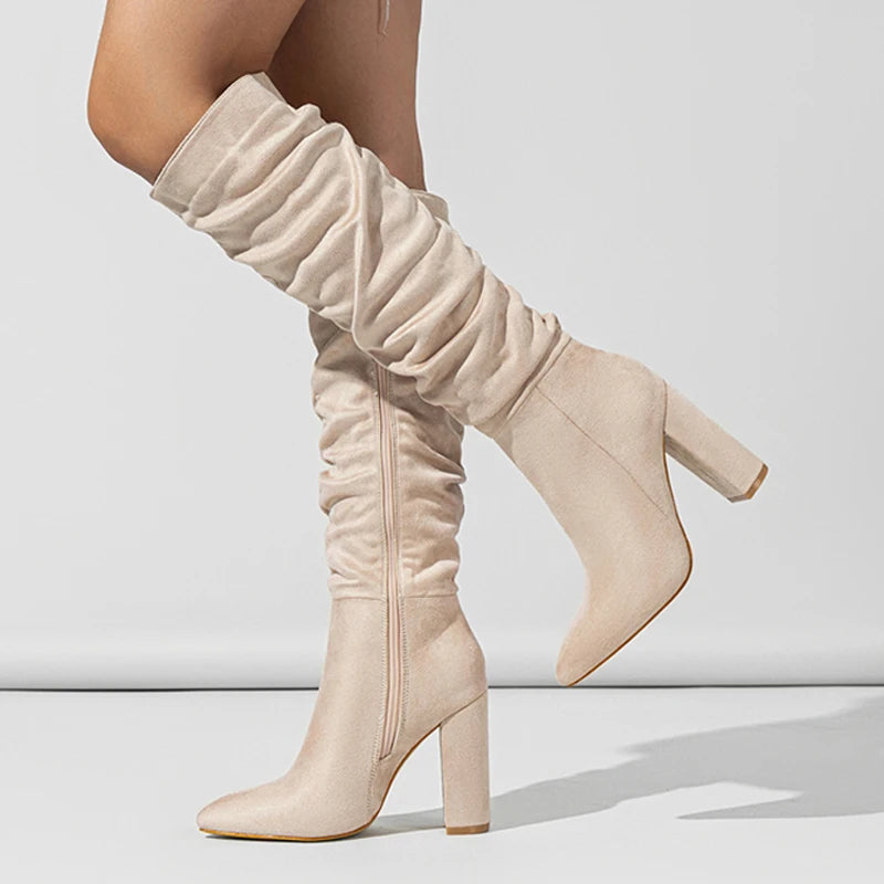 Street Style Pleated Pointed Toe Zip Thigh Square Heel Over The Knee High Boots Main image