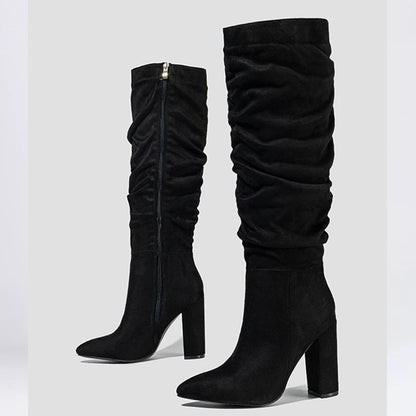 Street Style Pleated Pointed Toe Zip Thigh Square Heel Over The Knee High Boots