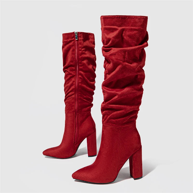 Street Style Pleated Pointed Toe Zip Thigh Square Heel Over The Knee High Boots