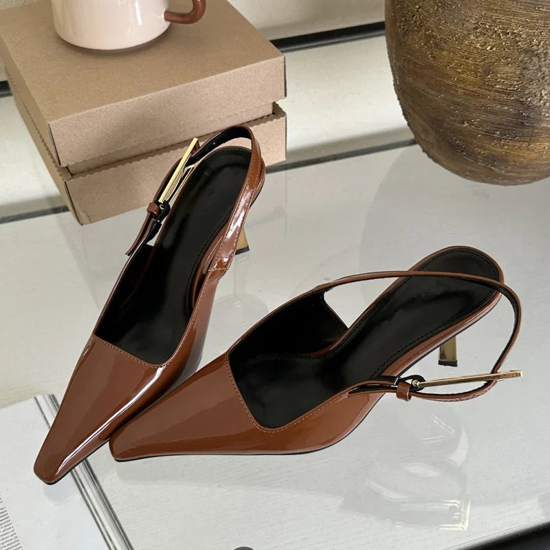 Street Style  Pointed Toe Metal Buckle Strap Women Stripper Slingback High Shoes Low Heel Pumps Main image
