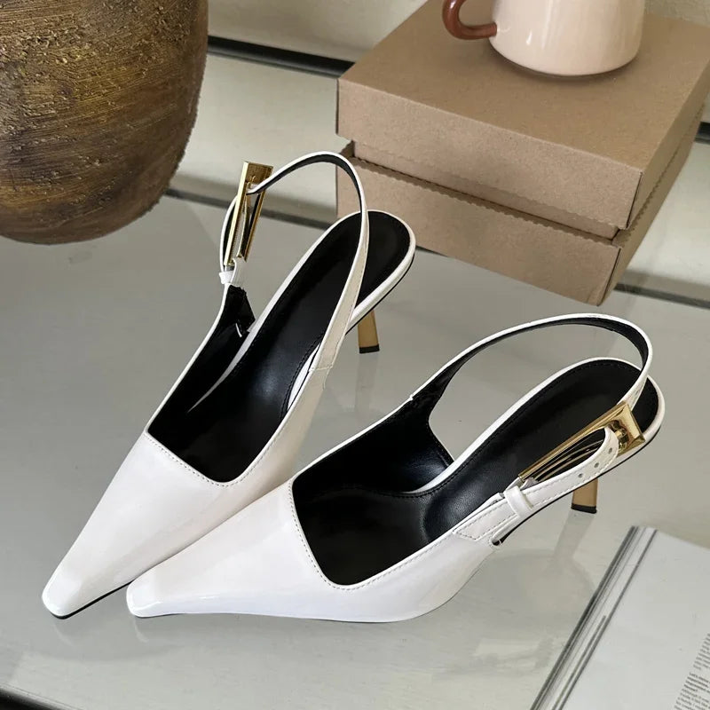Street Style  Pointed Toe Metal Buckle Strap Women Stripper Slingback High Shoes Low Heel Pumps Secondary image