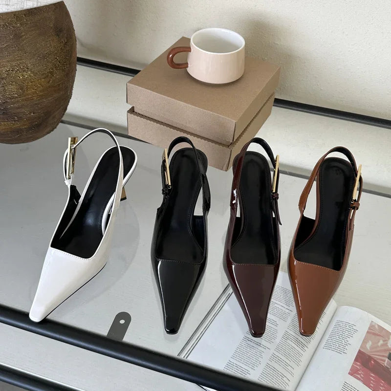 Street Style  Pointed Toe Metal Buckle Strap Women Stripper Slingback High Shoes Low Heel Pumps