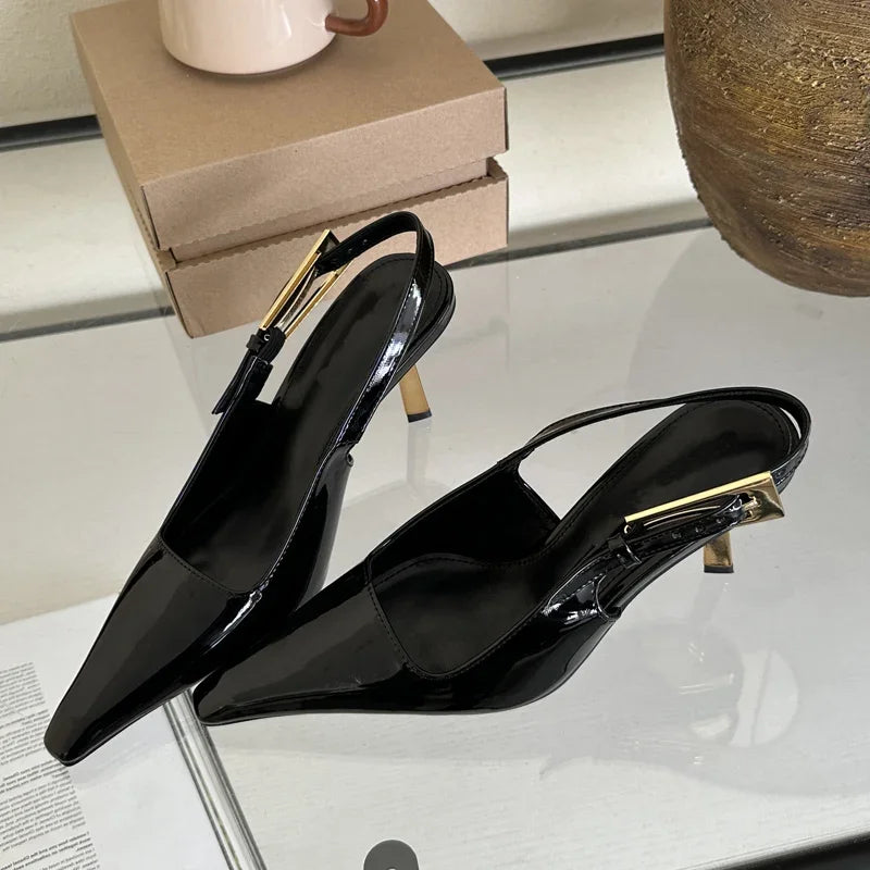 Street Style Sexy Pointed Toe Metal Buckle Strap Women Stripper Slingback High Shoes Low Heel Pumps