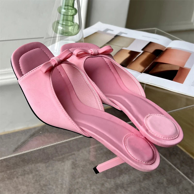 Summer Fashion Butterfly-knot Satin Women Slipper Slip On Ladies Sandal Thin High Outdoor Slides Shoes Low Heel Pumps Main image