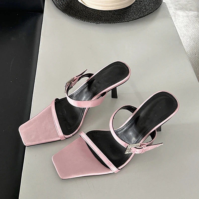 Summer Narrow Band Buckle Square Toe Women Slippers Fashion Thins Party Stripper Mules Ladies Slides Low Heel Pumps Main image