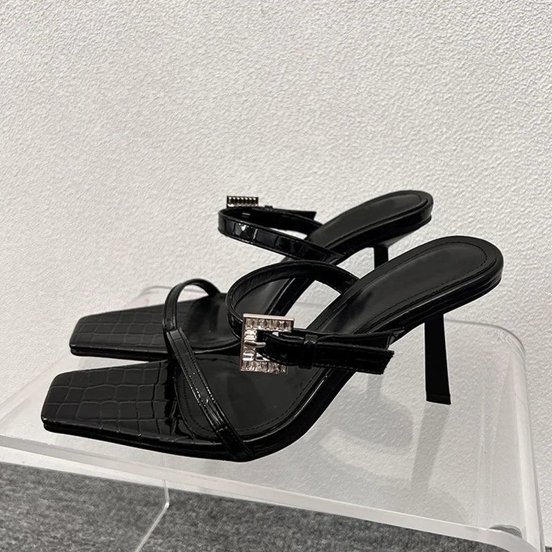Summer Narrow Band Buckle Square Toe Women Slippers Fashion Thins Party Stripper Mules Ladies Slides Low Heel Pumps Secondary image
