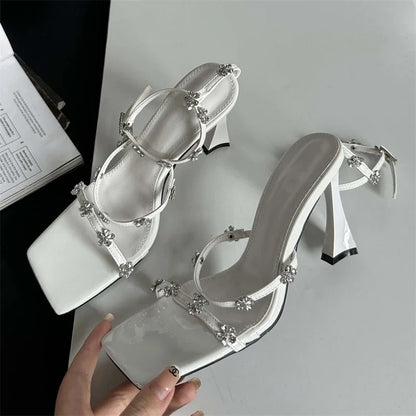 Summer Narrow Band Buckle Strap Women High Shoes Sexy Square Toe Party Dress Low Heel Pumps