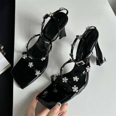 Summer Narrow Band Buckle Strap Women High Shoes  Square Toe Party Dress Low Heel Pumps