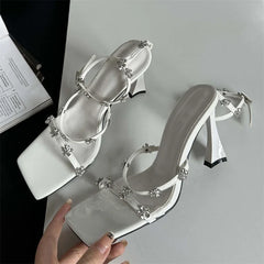 Summer Narrow Band Buckle Strap Women High Shoes  Square Toe Party Dress Low Heel Pumps