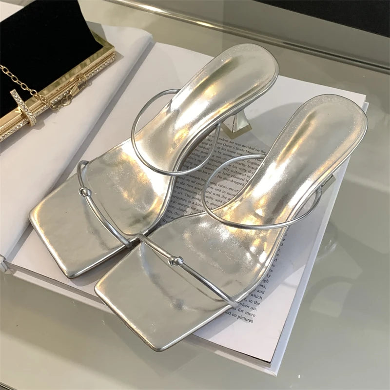 Summer Narrow Band Slipper Fashion Square Toe Slip On Elegant Gladiator Sandal Shoes Low Heel Pumps Secondary image