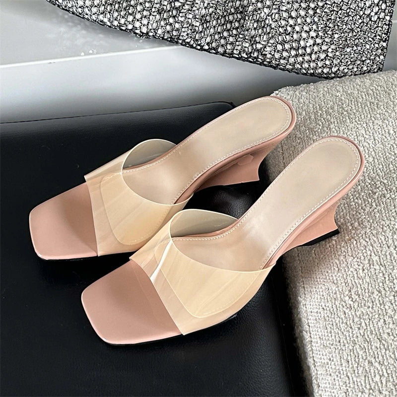 Summer PVC Transparent Candy Women Slippers Open Toe Wedge Mule Slides Shoes Low Heel Pumps Main image