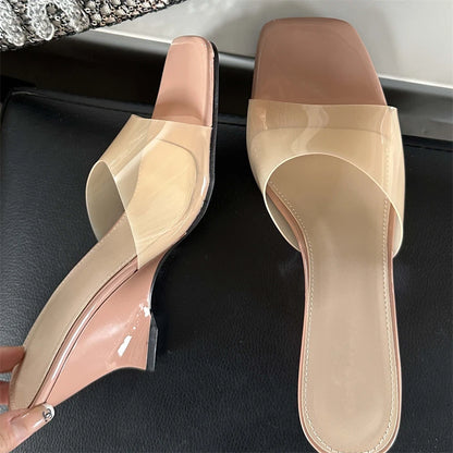 Summer PVC Transparent Candy Women Slippers Open Toe Wedge Mule Slides Shoes Low Heel Pumps