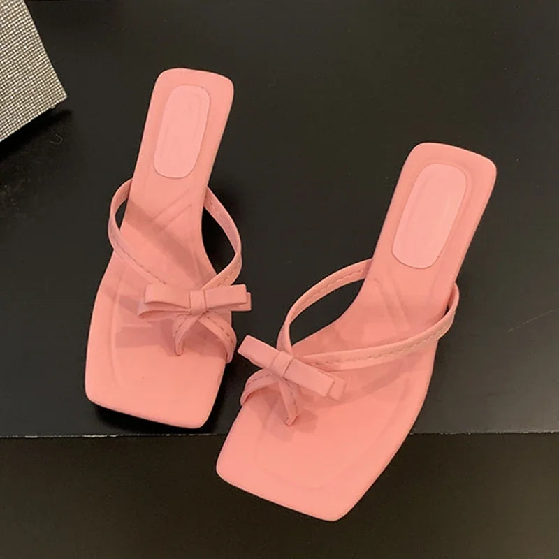 Summer Satin Butterfly-knot Clip Toe Slipper Thin Party Dress Slides Women Shoes Low Heel Pumps Main image