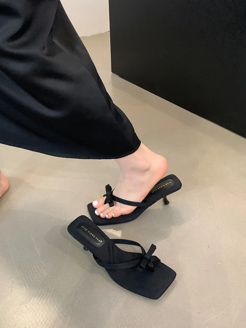 Summer Satin Butterfly-knot Clip Toe Slipper Thin Party Dress Slides Women Shoes Low Heel Pumps Secondary image
