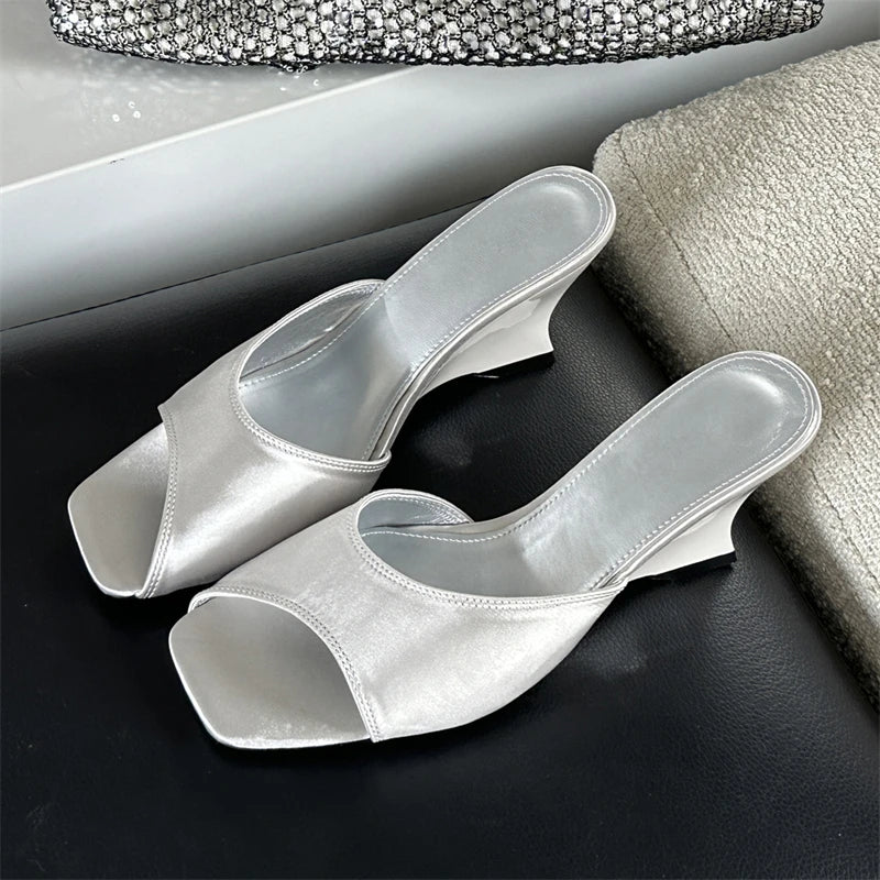 Summer Silk Wedges High Open Toe Women Slippers Mule Beach Slides Shoes Low Heel Pumps Main image