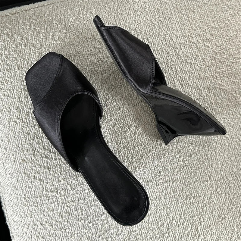 Summer Silk Wedges High Open Toe Women Slippers Mule Beach Slides Shoes Low Heel Pumps Secondary image