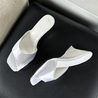 Summer Silk Wedges High Open Toe Women Slippers Mule Beach Slides Shoes Low Heel Pumps