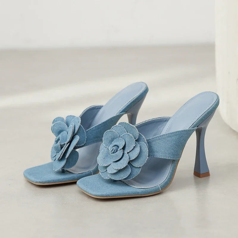 Summer Street Style Denim Slippers Square Clip Toe Women Thin High Slides Ladies Flip Flops Shoes Low Heel Pumps