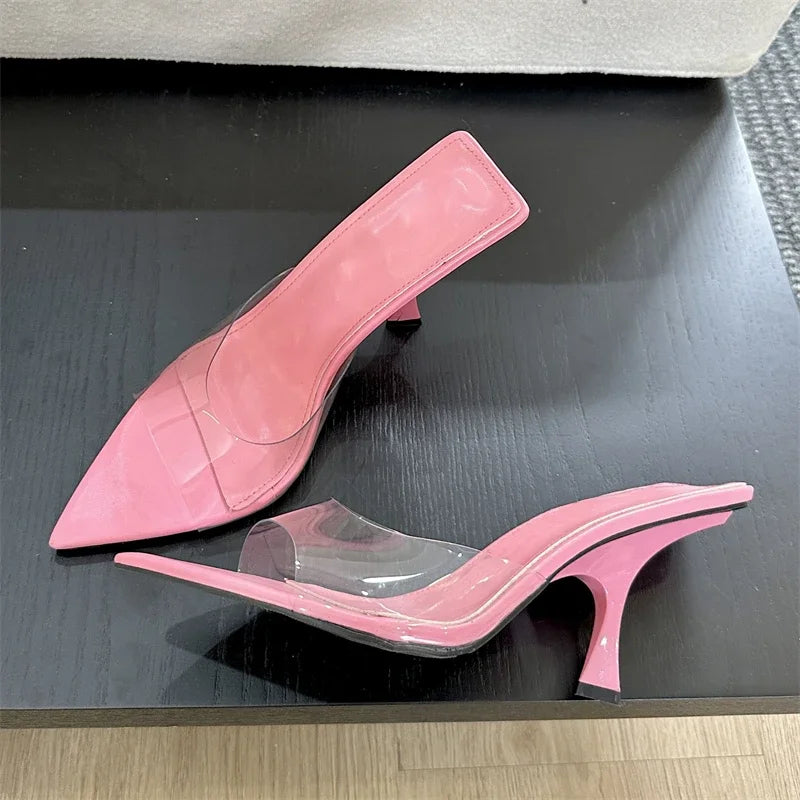 Summer Street Style PVC Transparent Highs Pointed Toe Women Slippers Fashion Party Shoes Low Heel Pumps