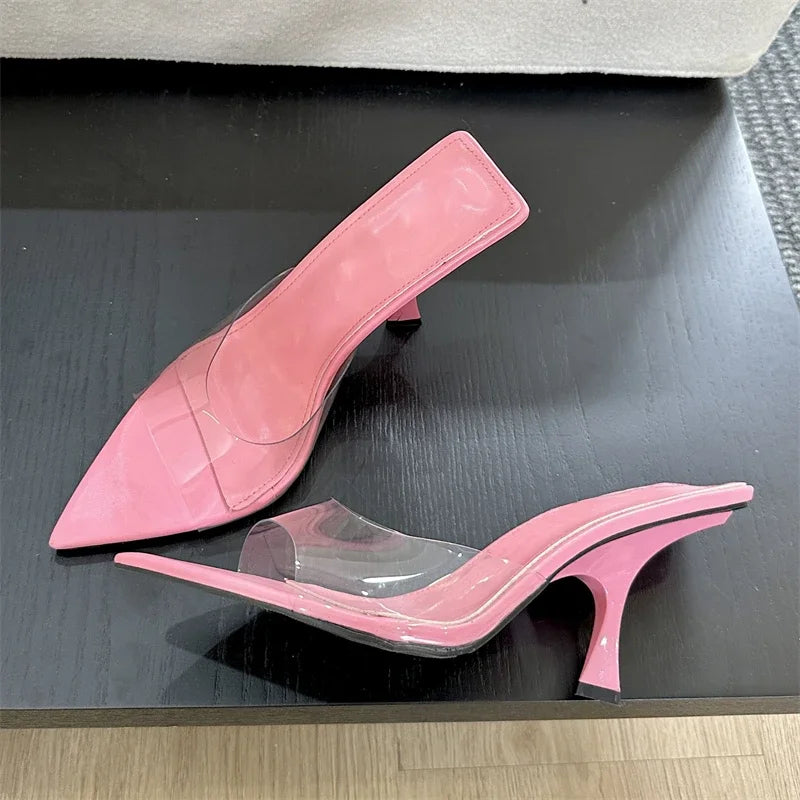Summer Street Style PVC Transparent Highs Pointed Toe Women Slippers Fashion Party Shoes Low Heel Pumps Main image