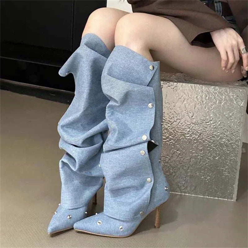 Winter Pleated Button Strap  Pointed Toe Thin Heels Stripper Knee High Boots Main image