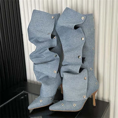 Winter Pleated Button Strap  Pointed Toe Thin Heels Stripper Knee High Boots