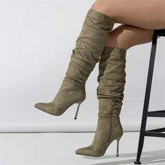 Winter Fashion  Pleated Denim Pointed Toe Thin Heels Knee High Boots