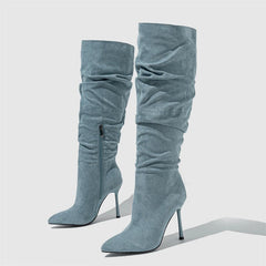 Winter Fashion  Pleated Denim Pointed Toe Thin Heels Knee High Boots