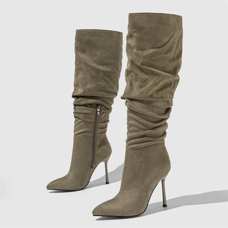 Winter Fashion  Pleated Denim Pointed Toe Thin Heels Knee High Boots