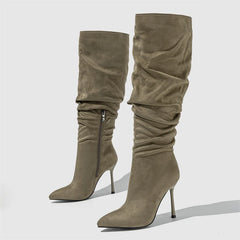 Winter Fashion  Pleated Denim Pointed Toe Thin Heels Knee High Boots