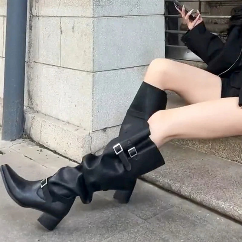 Winter Punk Style Designer Square Heels Buckle Strap Shoes Knee High Boots Main image