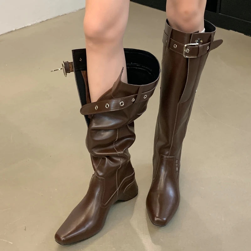Winter Street Style Wedges Heels Fashion Belt Buckle Designer Knee High Boots Main image