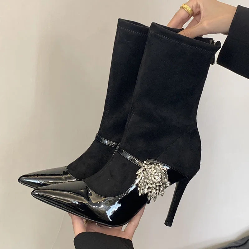 Rhinestone Accented Pointed Toe Elastic Heeled Ankle Boot Secondary image