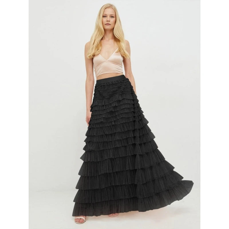 Elegant Fairy Tulle Tiered Elastic High Waist Mesh Ruffle Layered Long Skirt Main image