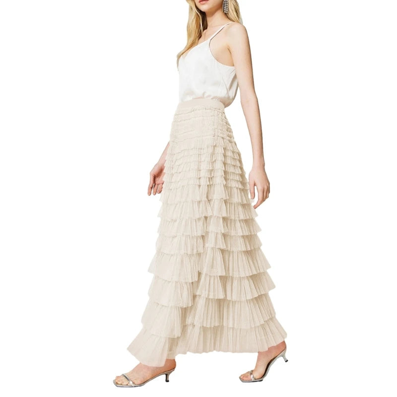 Elegant Fairy Tulle Tiered Elastic High Waist Mesh Ruffle Layered Long Skirt